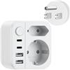 Dalimee Adattatore da viaggio UK, adattatore 7 in 1, spina USA Germania con 2 AC Schuko (tipo C/E/F), 2 USB-C, 2 USB-A e interruttore di alimentazione, adattatore USA per UE a America, Canada, Messico