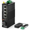 MokerLink Switch di rete industriale su guida DIN a 5 porte Gigabit, 4 Gigabit Ethernet, 1 slot SFP Gigabit con modulo LC 20KM, switch di rete IP40 (da -40 a 185°F), con alimentatore