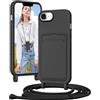 Vauki Cover per iPhone 16E con Cordino Porta Carte, Morbido TPU Silicone Case con Laccio Tracolla, Regolabile e Rimovibile, Antiurto AntiGraffio Case per iPhone 16E, Nero