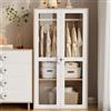 VIVCA Armadio per bambini 80 × 50 × 150 cm, in vetro a due ante con asta appendiabiti e ripiani scorrevoli, manici in legno a forma di biscotti, bianco + legno naturale, pannello laccato + truciolato,