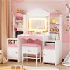 MSFE 2 in 1 Toeletta Trucco Bambina, Postazione Trucco con Sgabello, Specchio a LED a 3 Colori e spazio di archiviazione, Toeletta da Principessa con Ripiani e porta gioielli, Set di Tavolo da Studio