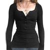 Doloame Top da donna Y2K Fairy Grunge Top a maniche lunghe in pizzo con bottoni e scollatura camicie vintage slim fit camicetta abbigliamento estetico, nero, S