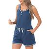 Wikoan Pigiama Donna Collo Rotondo con Bottoni Pigiama in Cotone a Maniche Corte e Pantaloncini Set Due Pezzi,Blu Opaco,S