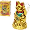 Flanacom Maneki Neko Gatto Giapponese che Saluta con Batterie - Figurina Dorata Portafortuna per Scrivania Ufficio