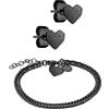 LIEBESKIND Berlin, set di gioielli - bracciale in filigrana con orecchini a cuore broken, colore nero, catena a maglia barbazzale regolabile fino a 21 cm, impermeabile e delicato sulla pelle