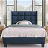 PINGGO Letto Singolo Moderno Imbottito 90x200cm, Testiera Imbottita in Lino Blu, Griglia a Doghe di Media Resistenza, Senza Materasso
