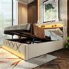 Huayz Letto imbottito, 180 x 200 cm, letto matrimoniale con contenitore e rete a doghe, testiera con porta USB e porta di tipo C, funzione LED surround a 360°, letto idraulico, senza materasso (beige