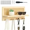 YCBTREE Mensola da parete in rattan con 4 ganci, 40 x 17 x 10 cm, decorazione da parete, in legno, per soggiorno, camera da letto, cucina, bagno