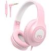 RockPapa C24 Cuffie per Bambini con Cavo, Microfono HD, Leggero, Pieghevole Cavo Cuffie con Jack 3.5mm, On-Ear Stereo Bass Cuffie per Scuola/Viaggi/Telefono, Bianco Rosa