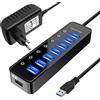 Bauihr Hub USB 3.0 Alimentatore, 7 Porte Hub USB 3.0 di Trasferimento Dati, 1 Porta di Ricarica Intelligente,con Interruttore e Adattatore di Alimentazione 20 W (5 V/4 A)
