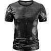 TouKingda Maglietta da uomo con paillettes, a maniche corte, trasparente, con glitter, girocollo, metallizzata, lucida, stile anni '70 e '80, con pannelli velati, tunica casual in rete per abbigliamento da