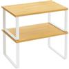 MARLEON STORE Scaffale da cucina impilabile, set di 2, organizer per armadio e piano di lavoro, scaffalatura in metallo e bambù, bianco e legno naturale, salvaspazio