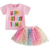 Yaopelky Completo di compleanno per bambina con scritta Happy Birthday to Me ricamata, maglietta in cotone 2 pezzi con gonna tutù arcobaleno