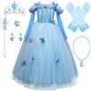 Monissy Costume Principessa Princesse d'Hiver Abito Blu 6pc Pizzo Manica Lunga Tulle Lucido Farfalla Tiara Parrucca Guanto Bacchetta Magica Costume Halloween Compleanno, Blu 6pc,130