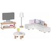 Goki Puppenmöbel Style, Wohnzimmer: TV-Rack: 9,5 x 3 x 4cm, 15-teilig,Buche/Stoff, per Set