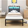 VERFARM Letto imbottito 90 x 200 cm, in metallo, letto singolo, telaio con LED e stazione di ricarica, telaio con vano portaoggetti, letto per ragazzi con testiera, grigio scuro
