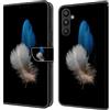 CLM-Tech Custodia a portafoglio compatibile con Samsung Galaxy A27 5G, in pelle PU, con supporto e scomparti per carte di credito, con due piume, blu e bianco