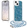 LCHULLE Glitter per iPhone 15 Cover con Cordino Regolabile,Blu | Brillantini Custodia con Tracolla, Cover glitterata con Rimovibile Catena,Glitter Transparent TPU Bumper, Silicone Case