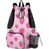 JUNZAN Borsa impermeabile con coulisse per attrezzi da nuoto multi-tasca con bottiglia laterale a rete | Resistente all'usura sottile panno di poliestere borsa sportiva viaggio all'aperto picnic fragola Cowprint dolce