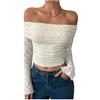 Generic Womens Going out Lace Top off Shoulder Long Sleeve Fitted Crop | Dressy Casual Styling Wide Off Shoulder Neckline Floral Lace Detail Semi Sheer Sleeves Flared Cuffs Close Fitted Crop Shape