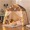 RELAX4LIFE Tenda da Gioco per Bambini fino a 3 Bambini, Tenda Multifunzionale con Luci da 4 m, Bandierine e 2 Finestre Laterali, Tenda Stabile per Giocare e Riposare, 3+Anni (MARRONE)