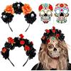 Hifot Fascia per il Giorno dei Morti, 4 Pezzi Corona Di Fiori con Tatuaggio Temporaneo, Cerchietti Halloween con Rosa Fiore, Messicano Copricapo Accessori Donna