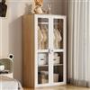 SUKY Armadio per bambini 80 × 50 × 150 cm, in vetro a due ante con asta appendiabiti e scaffali scorrevoli, manici in legno a forma di biscotti, pannello laccato + truciolato, bianco+legno naturale (1