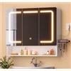 SLINEMO Specchio Bagno Contenitore con Luce LED Regolabile a 3 Temperature, Mobile Bagno con Specchio, Presa Elettrica e Supporto Asciugacapelli, Ripiani Regolabili, 3 Porte + LED