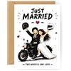 3Käsehoch Biglietto di auguri per matrimonio con scritta Just Married, originale per motociclisti e coppie di motociclisti, regalo di nozze per coppia di sposi e sposi, biglietto pieghevole con busta (moto)