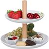 Relaxdays Alzata per Dolci a 2 Piani, in Plastica e Legno, Alzatina per Muffin, Piatti Tondi, Bianco Colore Naturale