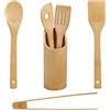 Relaxdays Set di Utensili da Cucina, 6 Accessori, Palette, Cucchiaio, Pinze e Supporto Portamestoli, Bambù, Naturale
