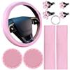Helilyco Set di aggiornamento per interni auto con coprivolante, imbottiture per cinture di sicurezza, portabicchieri in silicone e adesivo per pulsante Start (rosa)