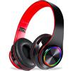 Fragolucyou Cuffie wireless Bluetooth con luci colorate, pieghevoli, Bluetooth 5.0, portata 10 m, stereo surround, microfono integrato, comode orecchie fissate (nero-rosso)