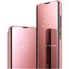 Hkess Custodia Placcatura Specchio Compatibile per OPPO Find X3 Lite 5G Funzione Stand Traslucido Clear View Standing Cover 360 Gradi Protezione Cassa Mirror Flip Antiurto Anti Graffio Bumper, Oro Rosa