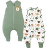 Chilsuessy, confezione da 2 sacchi nanna bebè invernali con piedini, da 2,5 Tog, sacco nanna con gambe, tutina per bambini e bambine, da 2,5 Tog/Verde + animali della foresta, da 80 cm, altezza del