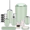 IMAVO Set di accessori da bagno - Set di 8 accessori da bagno verdi con bidone della spazzatura, dispenser di sapone, portasapone, portaspazzolino, tazza per spazzolino da denti, porta scopino per WC,