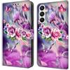 CLM-Tech Custodia a portafoglio, compatibile con Samsung Galaxy A27 5G, in pelle PU, con supporto e scomparti per carte di credito, lilla, fiori e farfalle