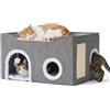 Relaxdays Tana per gatti grigia, HxLxP: 34 x 60 x 40 cm, pieghevole | con superficie per graffiare, pallina, 2 cuscini