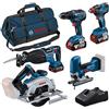 Bosch Professional Combo Kit GSR 18V-55 + GST 18V-125 S + GKS 18V-57-2 + GSA 18V-28 + GDX 18V-200 (incl. 3 batterie da 4.0 Ah, caricabatteria GAL 18V-40, in borsa degli attrezzi grande)