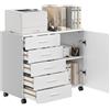 VASAGLE Cassettiera da Ufficio a 5 Cassetti, 2 Ripiani con Anta, Mobile con Ruote per Documenti, Mobiletto Porta Stampante, Guide per Cassetti senza Viti, Studio, Bianco Nuvola OFC092WB02