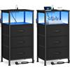 SONGMICS Set di 2 Comodini Camera da Letto, con Stazione di Ricarica e Luci LED, 3 Cassetti in Tessuto, Ripiano Aperto, 39,6 x 30 x 75,9 cm, Nero Inchiostro, Collezione Bellah LGS203B102