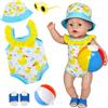 Carreuty Abbigliamento estivo per bambole da 43 cm con simpatico costume da bagno a forma di anatra, set da 5 pezzi con cappello da sole, palla da spiaggia, occhiali da sole e pantofole, accessori per bambole