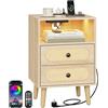 WOLTU Comodino Camera da Letto con LED Regolabile e Multipresa | 2 Cassetti e 1 Scomparto Aperto, Piedini Rialzati, Stile Bohémien, in Legno Ingegnerizzato, 40x35x60 cm, Rovere Chiaro