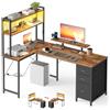 VASAGLE Scrivania Angolare, Scrivania da Gaming con Prese e Porte USB, Luci LED, 3 Cassetti, Supporto per Monitor, 160 x 100 x 150 cm, Marrone Vintage e Nero Opaco, Collezione BARNET LWD163K101