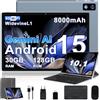 Biegedy 2026 Tablet 10 pollici Android 15 Gemini AI, 30 GB RAM + 128 GB ROM (TF 2TB) | 8000 mAh | octa-core | Widevine L1 | 5 + 8 MP | 1280 * 800 pixel | GMS, GPS, Wi-Fi 6 5G, BT 5.0, Tablet 2-in-1 Grigio