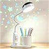 SONVIEE Lampada da scrivania per bambini, lampada da scrivania a LED, astronauta con portapenne, a collo di cigno, lampada da lettura per bambini, con proiezione, portapenne (coniglio - bianco)
