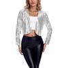 YYPBI Donna Paillette Bolero Breve Aperto Maglia Giacca Scintillante Cardigan Maniche Lunghe Tagliato Giacca Bolero Giacca Argento L