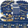 Shamoparty Set di 61 stoviglie blu retirement, blu e oro, decorazioni per feste di addio, decorazioni per feste di addio, Happy Farewell 9″ piatti di carta velina tovaglia (20 ospiti)