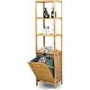 COSTWAY Cesto della Biancheria a Scomparsa in Bambù 2 in 1 Anti-umidità | Portabiancheria Sporca con 3 Mensole e Cesto Oxford Rimovibile, 40x33x160cm, Ideale per Bagno e Camera da Letto