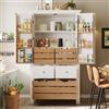 Idemon Armadio da cucina (80 x 40 x 140 cm), a buffet alto, multiuso a buffet, armadietto per snack, mobiletto con due ante e cinque cassetti, nero/bianco (bianco)